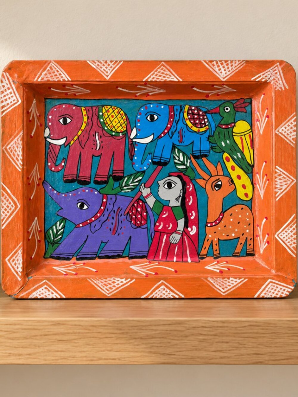Indian Madhubani Mithila Folk Art Hand Painted Papier Mache Decorative Tray